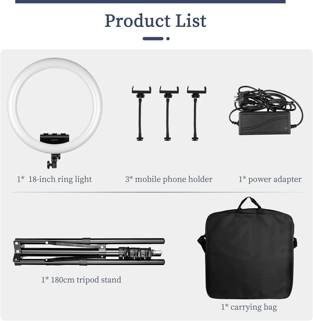 Ring Light 18 Inches, Dimmable 2700K-6500K, LED Ring Light with Adjustable Stand & Cell Phone Holder - Power Tool Batteries - FYT Tattoo Supplies New York