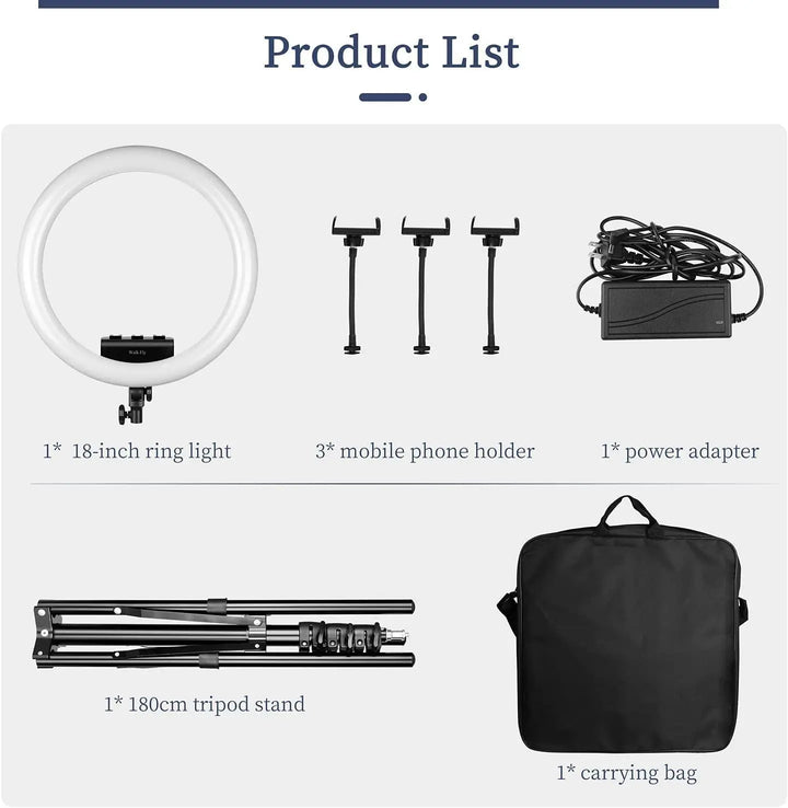 Ring Light 18 Inches, Dimmable 2700K-6500K, LED Ring Light with Adjustable Stand & Cell Phone Holder - Power Tool Batteries - FYT Tattoo Supplies New York